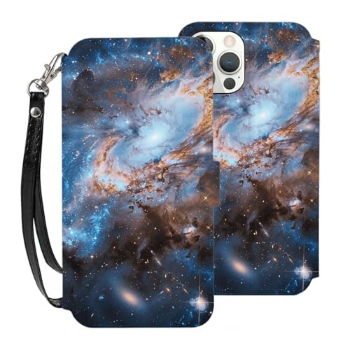 DCEHGEW Universe Galaxy Space Schutzhülle für iPhone 12 Pro, 15,5 cm (6,1 Zoll), PU-Leder, Klapphülle, stoßfest, Brieftaschen-Handyhülle, Schutz mit 3 Kartenfächern und Handschlaufe von DCEHGEW