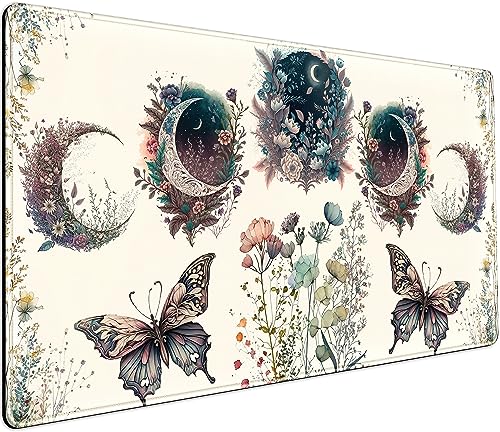 Beige Blumen Schreibtischunterlage Mauspad Niedliche Boho Pflanzen Groß Erweitertes Gaming Mauspad XXL 80 x 40 cm Ästhetik Floar Schmetterling Mond Laptop Tastatur und Mauspad für Frauen Büro Gamer von DCJJM