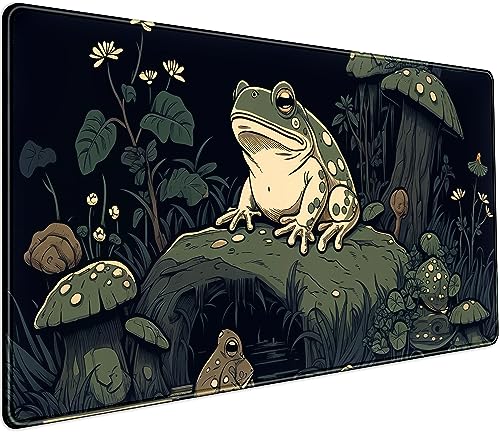 DCJJM Kawaii Pilz Niedlicher Frosch Schreibtischunterlage Anime Gaming Mauspad Dunkelgrün Wald Mauspad XXL, große erweiterte Laptop-Tastatur Mauspad Schreibtischunterlage 80 x 40 cm, rutschfeste von DCJJM