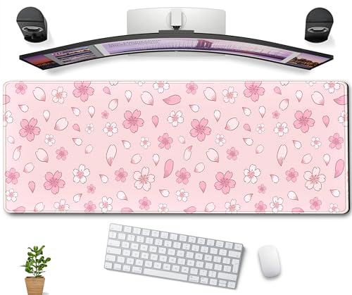 Mauspad mit Kirschblüten, Kawaii-Rosa, XL, groß, erweitert, Gaming-Schreibtischunterlage, niedlich, pastellfarben, Anime-Schreibtischunterlage, Ästhetik, Laptop-Tastatur, Mauspad, Damen, von DCJJM