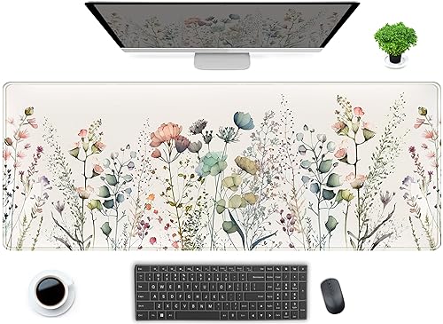 Niedliche Wildblumen-Schreibtischmatte, Boho-Ästhetik, XL, groß, erweitertes Gaming-Mauspad, Schreibtischunterlage mit genähten Kanten, 80 x 30 cm, Computer-Laptop-Mauspad, Tastatur und Mauspad für von DCJJM