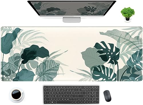 Schreibtischunterlage, erweitertes Gaming-Mauspad, für Computer, Laptop, Tastatur, Schreibtischzubehör für Damen, Dekoration, Schreibtischschutz, Anime, grüne tropische Blätter, Beige, 80 x 30 cm, XL von DCJJM