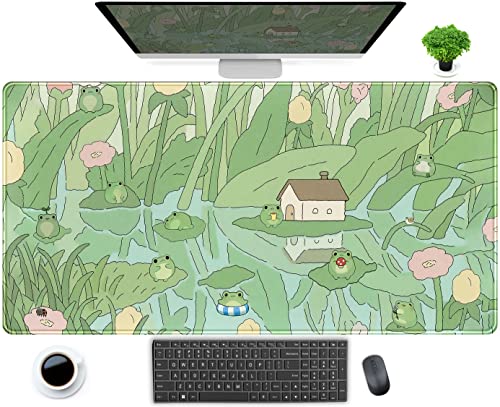 Niedliche grüne japanische Pflanzen Schreibtischunterlage Anime Cartoon Frosch Mauspad Kawaii Schreibtischunterlage XXL Großes erweitertes Gaming-Mauspad Ästhetik Computer Laptop Tastatur Mauspad von DCJJM