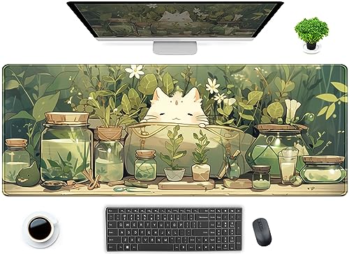 Schreibtischunterlage mit niedlichem Kawaii-Katzen-Motiv, Motiv: weiße Katze, Anime, grüne Pflanzenblätter, großes Mauspad, Gaming-Schreibtischunterlage, XL-Mauspad, Schreibtischzubehör für Frauen, von DCJJM