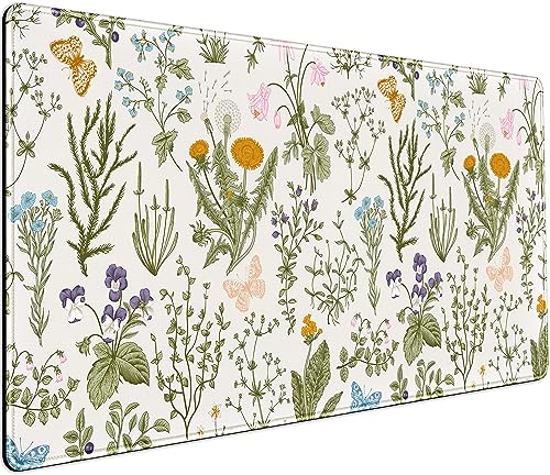 Schreibtischunterlage mit niedlichen Blumen, gepresst, getrocknetes Blumenmuster, neutrales Beige, Salbeigrün, XXL, großes erweitertes Gaming-Mauspad, Schreibtischmatte, 80 x 40 cm, Laptop-Tastatur von DCJJM