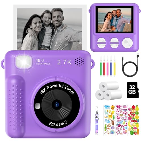 Kinderkamera Sofortbildkamera, 2,4 Zoll 1080P Bildschirm Sofortbildkamera Kinder mit 32GB Karte, 3 Rollen Druckpapier & Farbigen Stiften, DigitalKamera Kinder Spielzeug, Geschenk für Kinder 3-12 Jahre von DDULEOG