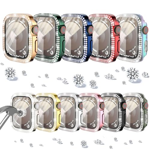 DEALELE [11-Pack] Gehäuse Gehärtetem Glas Kompatibel mit Apple Watch Series 6/5 / 4 / SE 44mm, Glitzer Zweireihig Strass Diamant Schutzhülle mit Gehärtetem Glas Displayschutz (44mm, 11 Farben) von DEALELE