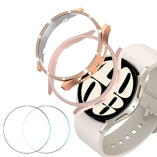 DEALELE [2+2 Pack Uhrengehäuse Kompatibel mit Samsung Galaxy Watch 6 40mm / 44mm, Glitzer Strass Case und PC Schutzhülle + Schutzfolie aus gehärtetem Glas Ersatz für Damen Herren, Roségold+Roségold von DEALELE