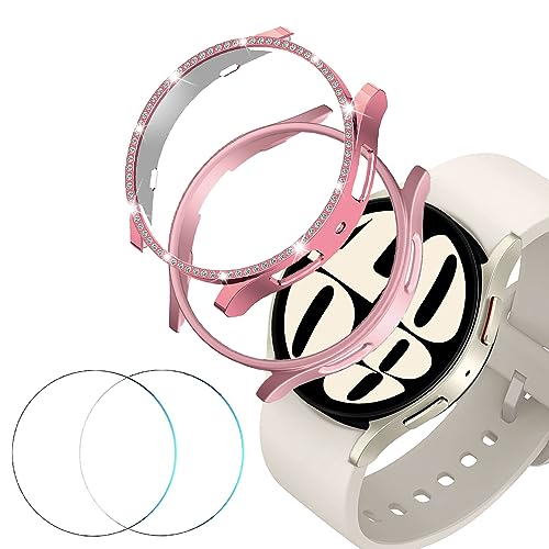 DEALELE [2+2 Pack] Uhrengehäuse Kompatibel mit Samsung Galaxy Watch 6 40mm / 44mm, Glitzer Strass Case und PC Schutzhülle + Schutzfolie aus gehärtetem Glas Ersatz für Damen Herren, Rosa + Rosa von DEALELE