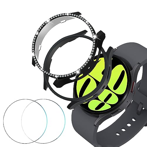 DEALELE [2+2 Pack] Uhrengehäuse Kompatibel mit Samsung Galaxy Watch 6 40mm / 44mm, Glitzer Strass Case und PC Schutzhülle + Schutzfolie aus gehärtetem Glas Ersatz für Damen Herren, Schwarz + Schwarz von DEALELE