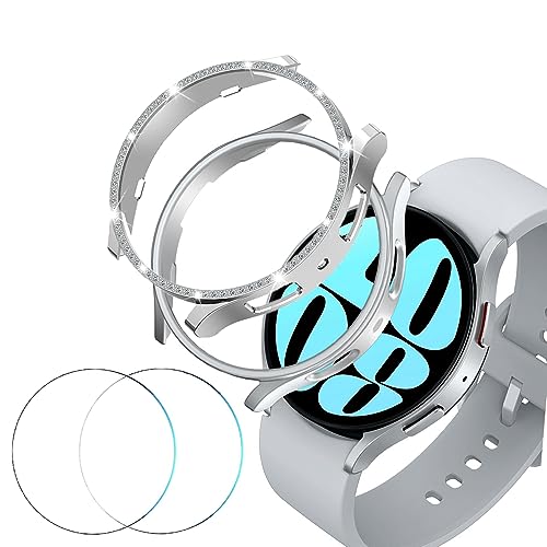 DEALELE [2+2 Pack] Uhrengehäuse Kompatibel mit Samsung Galaxy Watch 6 40mm / 44mm, Glitzer Strass Case und PC Schutzhülle + Schutzfolie aus gehärtetem Glas Ersatz für Damen Herren, Silber + Silber von DEALELE