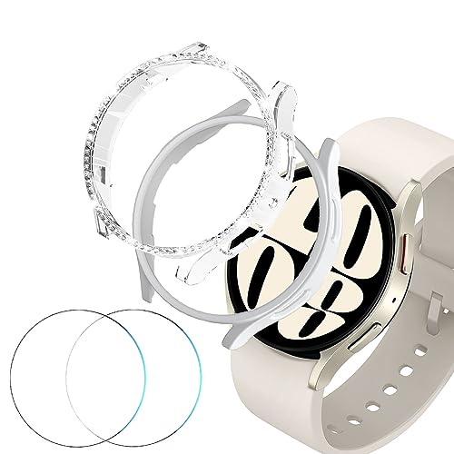 DEALELE [2+2 Pack] Uhrengehäuse Kompatibel mit Samsung Galaxy Watch 6 40mm / 44mm, Glitzer Strass Case und PC Schutzhülle + Schutzfolie aus gehärtetem Glas Ersatz für Damen Herren, Transparent + Weiß von DEALELE