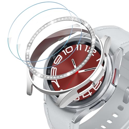 DEALELE [2+2 Pack Uhrengehäuse Kompatibel mit Samsung Galaxy Watch 6 Classic 43mm / 47mm, PC Schutzhülle + Glitzer Strass Bezel Ring + Schutzfolie aus Gehärtetem Glas, Silber, 47mm von DEALELE