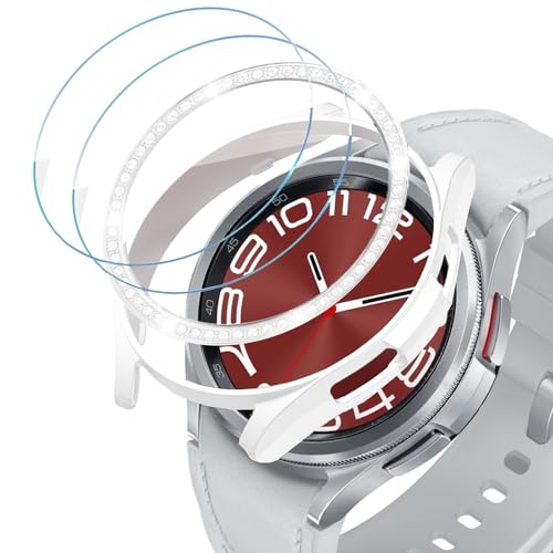 DEALELE [2+2 Pack] Uhrengehäuse Kompatibel mit Samsung Galaxy Watch 6 Classic 43mm / 47mm, PC Schutzhülle + Glitzer Strass Bezel Ring + Schutzfolie aus Gehärtetem Glas, Weiß, 43mm von DEALELE