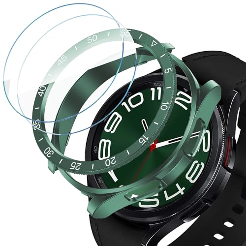 DEALELE [2+2 Pack] Uhrengehäuse Kompatibel mit Samsung Galaxy Watch 6 Classic 43mm / 47mm, PC Schutzhülle + Skala Bezel Ring + Schutzfolie aus Gehärtetem Glas, Grün, 43mm von DEALELE