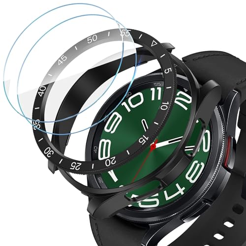 DEALELE [2+2 Pack] Uhrengehäuse Kompatibel mit Samsung Galaxy Watch 6 Classic 43mm / 47mm, PC Schutzhülle + Skala Bezel Ring + Schutzfolie aus Gehärtetem Glas, Schwarz, 43mm von DEALELE