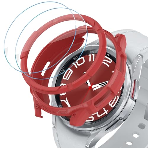 DEALELE [2+2 Pack Uhrengehäuse Kompatibel mit Samsung Galaxy Watch 6 Classic 43mm / 47mm, TPU Schutzhülle + DREI Prüfungen Bezel Ring + Schutzfolie aus Gehärtetem Glas, Rot, 43mm von DEALELE