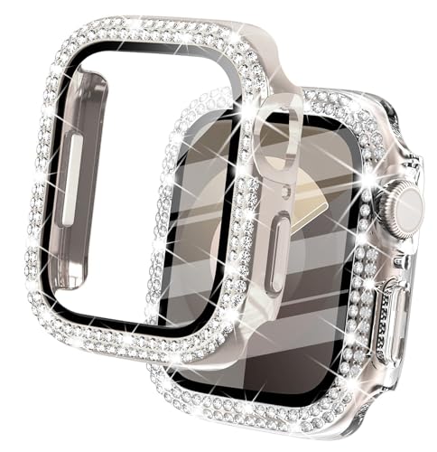 DEALELE [2-Pack] Gehäuse Gehärtetem Glas Kompatibel mit Apple Watch Series 9/8 / 7 (41mm), Glitzer Zweireihig Diamant Schutzhülle mit Gehärtetem Glas Displayschutz (41mm, Sternenlicht+Transparent) von DEALELE