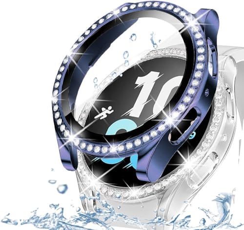 DEALELE [2-Pack] Gehäuse Gehärtetem Glas Kompatibel mit Samsung Galaxy Watch 5/4 40mm, Glitzer Diamant Schutzhülle mit Gehärtetem Glas Displayschutz (40mm, Blau + Transparent) von DEALELE