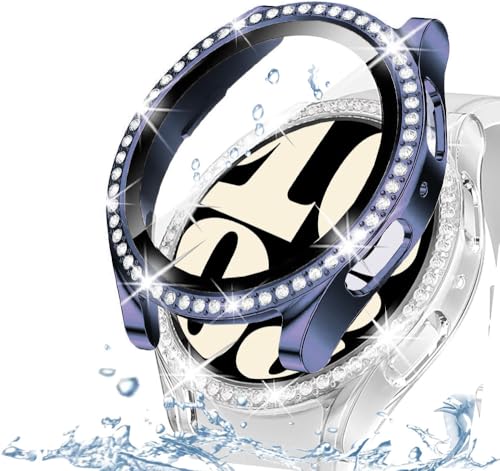 DEALELE [2-Pack] Gehäuse Gehärtetem Glas Kompatibel mit Samsung Galaxy Watch 6 44mm, Glitzer Diamant Schutzhülle mit Gehärtetem Glas Displayschutz (44mm, Blau + Transparent) von DEALELE