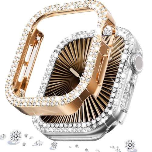 DEALELE [2-Pack] Uhrengehäuse Kompatibel mit Apple Watch Series 10 42mm, Glitzer Strass Diamant Schutzhülle Uhrenabdeckung Ersatz Gehäuse für Damen Herren (42mm, Roségold+Transparent) von DEALELE