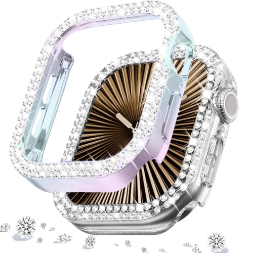 DEALELE [2-Pack] Uhrengehäuse Kompatibel mit Apple Watch Series 10 46mm, Glitzer Strass Diamant Schutzhülle Uhrenabdeckung Ersatz Gehäuse für Damen Herren (46mm, Regenbogen+Transparent) von DEALELE