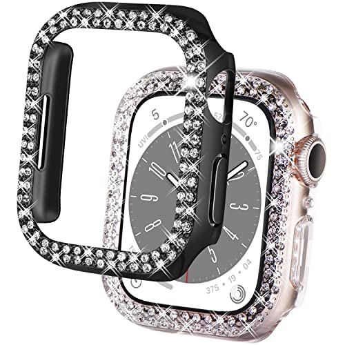 DEALELE [2-Pack] Uhrengehäuse Kompatibel mit Apple Watch Series 9/8 / 7 41mm, Glitzer 2-Reihen Diamant Schutzhülle Stoßstange Ersatz Protektor Uhrenabdeckung (41mm, Schwarz+Transparent) von DEALELE