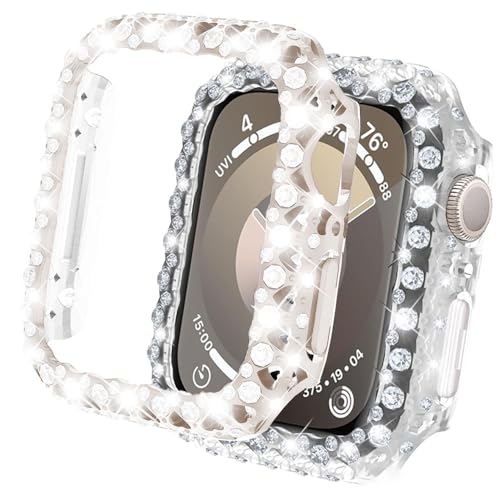 DEALELE [2-Pack] Uhrengehäuse Kompatibel mit Apple Watch Series 9/8 / 7 41mm, Glitzer Herzförmiges Strass Diamant Schutzhülle Anti Kratzschutz Abdeckung (41mm, Sternenlicht+Transparent) von DEALELE