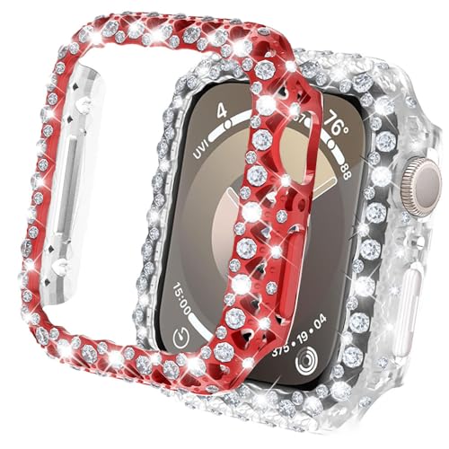 DEALELE [2-Pack] Uhrengehäuse Kompatibel mit Apple Watch Series 9/8 / 7 45mm, Glitzer Herzförmiges Strass Diamant Schutzhülle Anti Kratzschutz Abdeckung (45mm, Rot+Transparent) von DEALELE