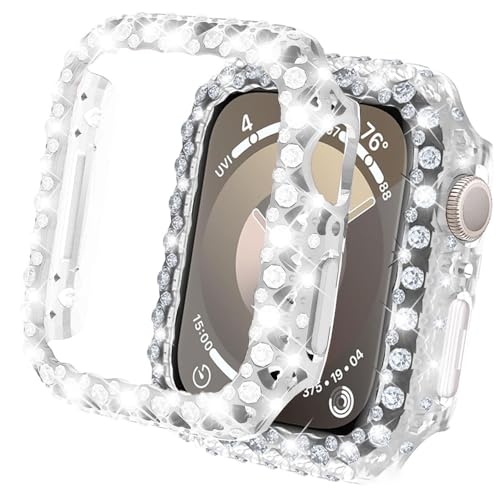 DEALELE [2-Pack] Uhrengehäuse Kompatibel mit Apple Watch Series 9/8 / 7 45mm, Glitzer Herzförmiges Strass Diamant Schutzhülle Anti Kratzschutz Abdeckung (45mm, Silber+Transparent) von DEALELE