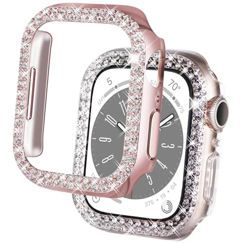 DEALELE [2-Pack Uhrengehäuse Kompatibel mit Apple Watch Ultra 2 / Ultra 49mm, Glitzer 2-Reihen Diamant Schutzhülle Stoßstange Ersatz Protektor Uhrenabdeckung (49mm, Roségold+Transparent) von DEALELE