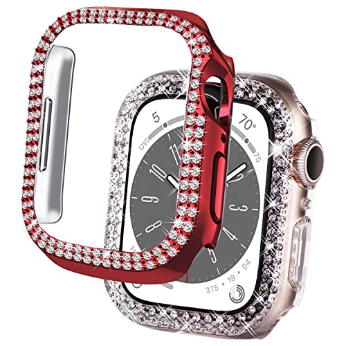 DEALELE [2-Pack] Uhrengehäuse Kompatibel mit Apple Watch Ultra 2 / Ultra 49mm, Glitzer 2-Reihen Diamant Schutzhülle Stoßstange Ersatz Protektor Uhrenabdeckung (49mm, Rot+Transparent) von DEALELE