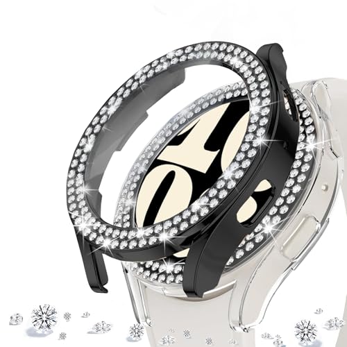 DEALELE [2 Pack] Uhrengehäuse Kompatibel mit Samsung Galaxy Watch 6 44mm, Glitzer Doppelreihig Strass Diamant Schutzhülle Uhrenabdeckung Ersatz Gehäuse, 44mm, Schwarz+Transparent von DEALELE