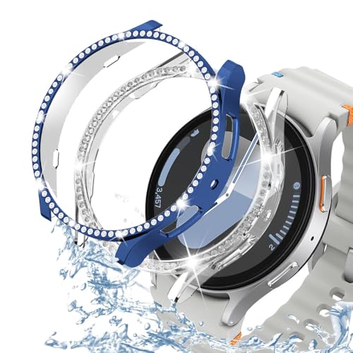 DEALELE [2-PACK Uhrengehäuse Kompatibel mit Samsung Galaxy Watch 7 40mm, Bling Einzelne-Reihe Diamant PC Schutzhülle Ersatz Uhrenbezug Stoßstange (40mm, Blau + Transparent) von DEALELE