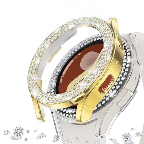DEALELE [2 Pack] Uhrengehäuse Kompatibel mit Samsung Galaxy Watch 7 40mm, Glitzer Doppelreihig Strass Diamant Schutzhülle Uhrenabdeckung Ersatz Gehäuse, 40mm, Gold + Transparent von DEALELE