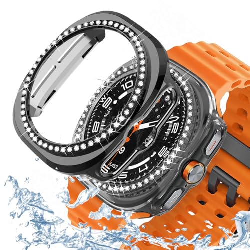 DEALELE [2 Pack Uhrengehäuse Kompatibel mit Samsung Galaxy Watch 7 Ultra (47mm), Glitzer Strass Diamant Schutzhülle Uhrenabdeckung Ersatz Gehäuse für Damen Herren, 47mm, Schwarz + Transparent von DEALELE
