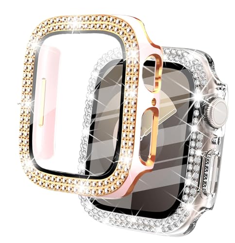 DEALELE 2er-Pack [2-in-1] Hüllen kompatibel mit Apple Watch Serie 6/5/4/SE 40 mm 44 mm, zweifarbige Bling Diamant Schutzhülle mit Displayschutzfolie für Damen und Herren (44 mm, Rosa + Transparent) von DEALELE