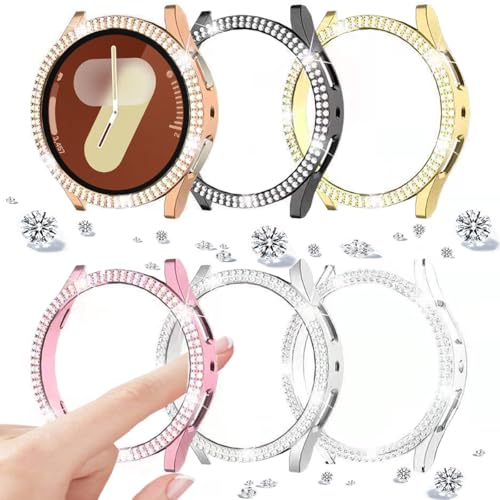 DEALELE [6-Pack] Uhrengehäuse Kompatibel mit Samsung Galaxy Watch 7 40mm, Glitzer Doppelreihig Strass Diamant Schutzhülle Uhrenabdeckung Ersatz Gehäuse (Schwarz+Silber+Roségold+Gold+Rosa+Transparent) von DEALELE