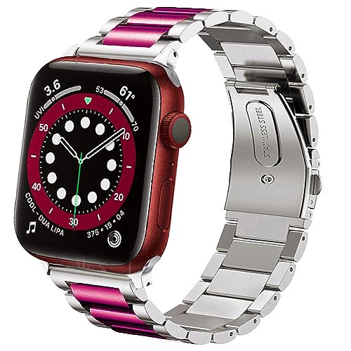 DEALELE Armbänd Kompatibel für iwatch 38mm 40mm 41mm, Solides Edelstahl Metall Ersatz Armband für Apple Watch Series 8/7 / 6/5 / 4/3 / SE Damen Herren, Silber/Weinrot von DEALELE