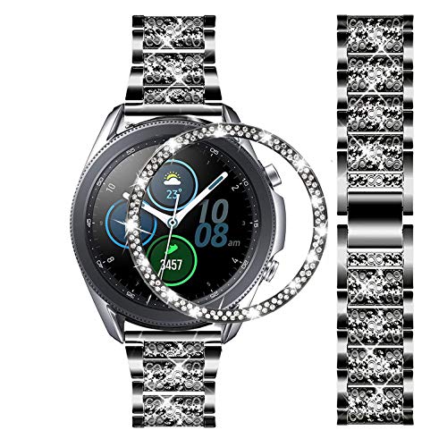 DEALELE Armband Kompatibel mit Samsung Galaxy Watch 3 (45mm), 22mm Strass Diamant Edelstahl Metall Uhrenarmband mit Lünette Ring Hülle Ersatz für Galaxy Watch 3 45mm Damen Herren, Schwarz von DEALELE