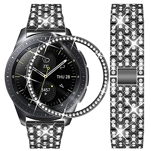 DEALELE Armband Kompatibel mit Samsung Gear Sport/Galaxy Watch 42mm / Galaxy Watch 4 Classic (42mm), 20mm Luxus Strass Diamant Metall Armbänder mit Bezel Ring Schutzhülle Ersatz bänder, Schwarz von DEALELE