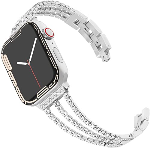 DEALELE Armband Kompatibel mit iWatch 38mm 40mm 41mm, Bling Diamant Strass Edelstahl Metall Ersatz Uhrenarmband für Apple Watch Series 8/7 / 6/5 / 4/3 / SE Damen Herren, Silber von DEALELE