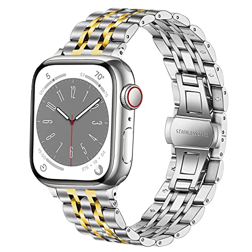 DEALELE Armband Kompatibel mit iWatch 38mm 40mm 41mm, Solide Edelstahl Metall Ersatz Uhrenarmband für Apple Watch Series 9/8 / 7/6 / 5/4 / 3 / SE Damen Herren (Silber/Gold) von DEALELE