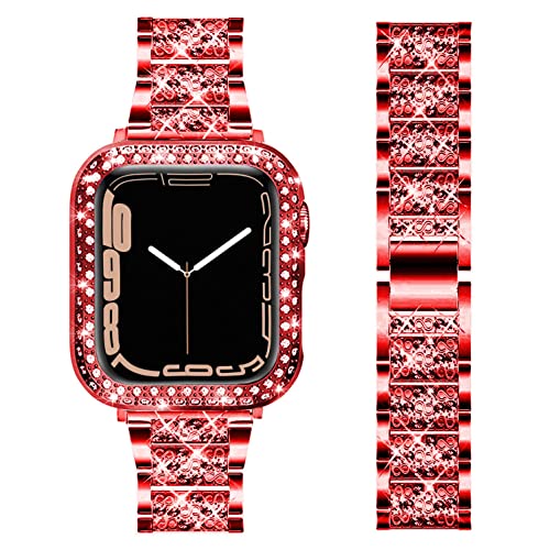 DEALELE Armband Kompatibel mit iWatch 40mm 44mm, Glitzer Strass Diamant Metall Armbänder mit Schutzhülle Ersatz für Apple Watch Series 6/5 / 4 / SE Damen Herren, 40mm, Rot von DEALELE