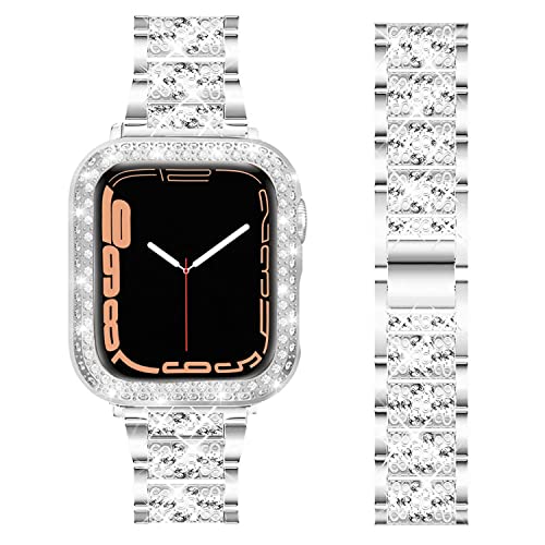 DEALELE Armband Kompatibel mit iWatch 40mm 44mm, Glitzer Strass Diamant Metall Armbänder mit Schutzhülle Ersatz für Apple Watch Series 6/5 / 4 / SE Damen Herren, 40mm, Silber von DEALELE