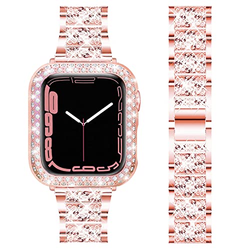 DEALELE Armband Kompatibel mit iWatch 40mm 44mm, Glitzer Strass Diamant Metall Armbänder mit Schutzhülle Ersatz für Apple Watch Series 6/5 / 4 / SE Damen Herren, 44mm, Rosa pink von DEALELE