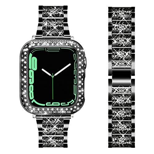 DEALELE Armband Kompatibel mit iWatch 40mm 44mm 41mm 45mm, Luxuriöses Strass Diamant Metall Armbänder mit Schutzhülle Ersatz für Apple Watch Series 7/6 / 5/4 / SE Frauen Männer, 44mm, Schwarz von DEALELE