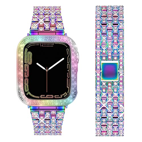 DEALELE Armband Kompatibel mit iWatch 41mm 45mm, Glitzer Strass Diamant Metall Armbänder mit Schutzhülle Ersatz für Apple Watch Series 8/7 Damen Herren, 41mm, Regenbogen von DEALELE