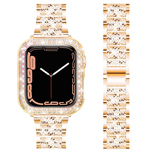 DEALELE Armband Kompatibel mit iWatch 41mm 45mm, Glitzer Strass Diamant Metall Armbänder mit Schutzhülle Ersatz für Apple Watch Series 8/7 Damen Herren, 41mm, Roségold von DEALELE