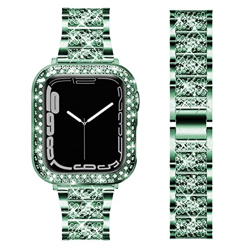 DEALELE Armband Kompatibel mit iWatch 41mm 45mm, Glitzer Strass Diamant Metall Armbänder mit Schutzhülle Ersatz für Apple Watch Series 8/7 Damen Herren, 45mm, Grün von DEALELE